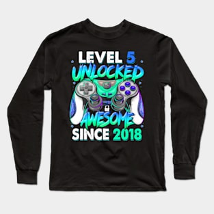 Level 5 Unlocked Awesome Since 2018 5Th Birthday Gaming Kids Long Sleeve T-Shirt